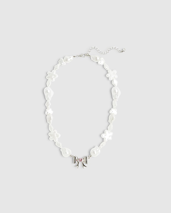 Girls White Pearl And Bow Necklace