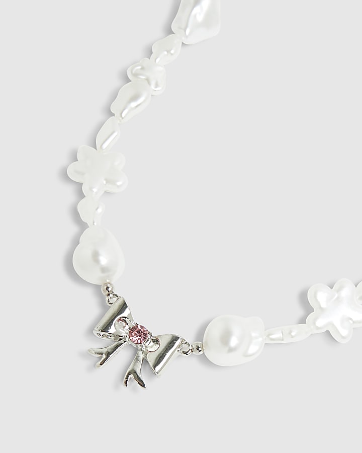 Girls White Pearl And Bow Necklace