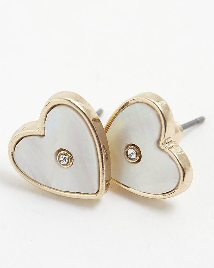 Girls Gold White Heart Stud Earrings