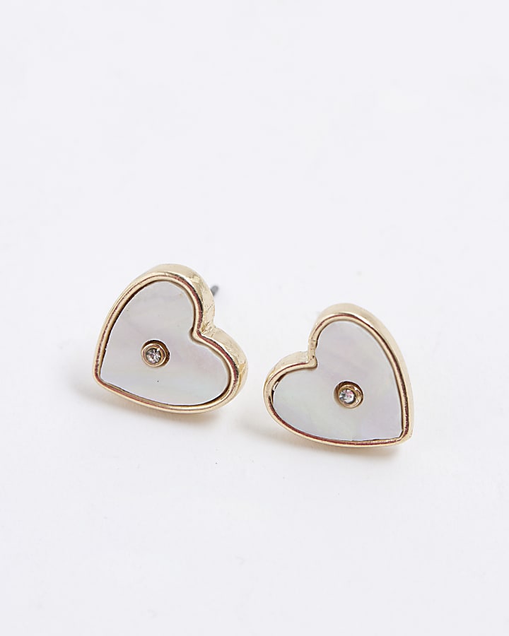 Girls Gold White Heart Stud Earrings