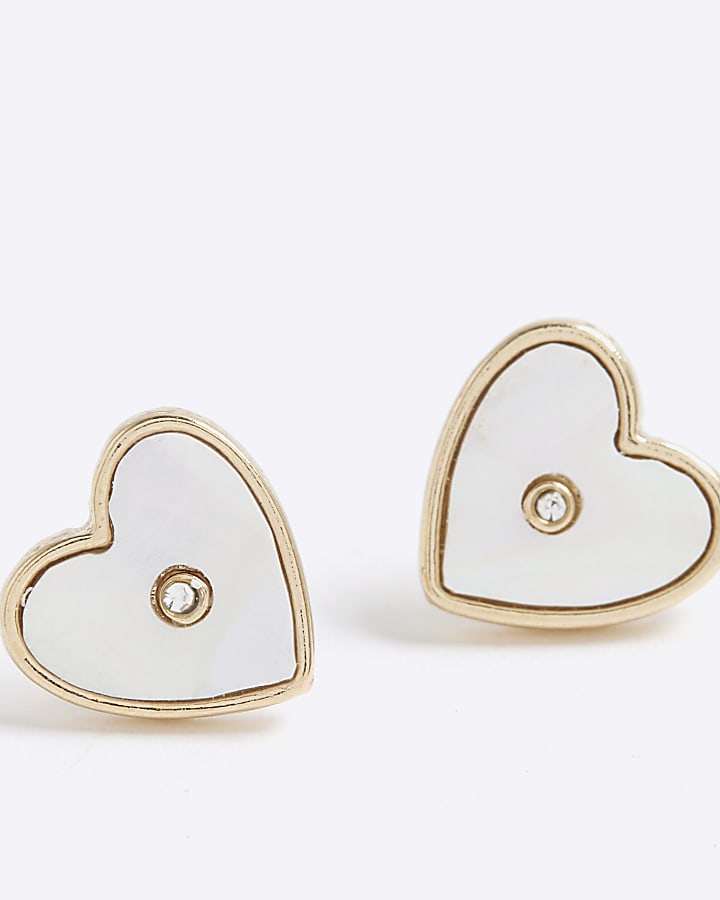 Girls Gold White Heart Stud Earrings