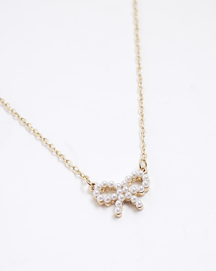 Girls Gold Pearl Bow Earrings And Necklace