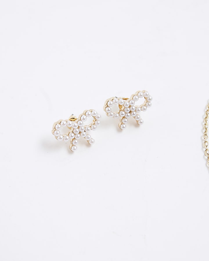 Girls Gold Pearl Bow Earrings And Necklace