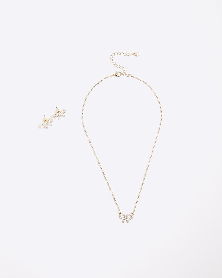 Girls Gold Pearl Bow Earrings And Necklace