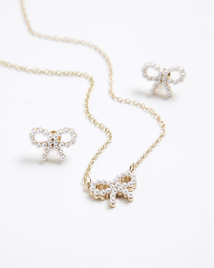 Girls Gold Pearl Bow Earrings And Necklace