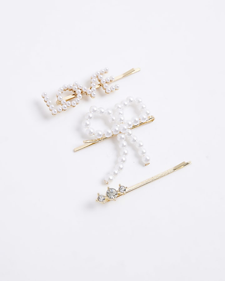 Girls White Love And Pearl Bow Hair Clip Set