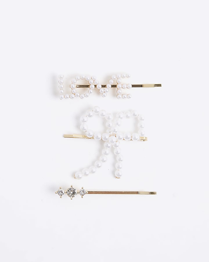 Girls White Love And Pearl Bow Hair Clip Set