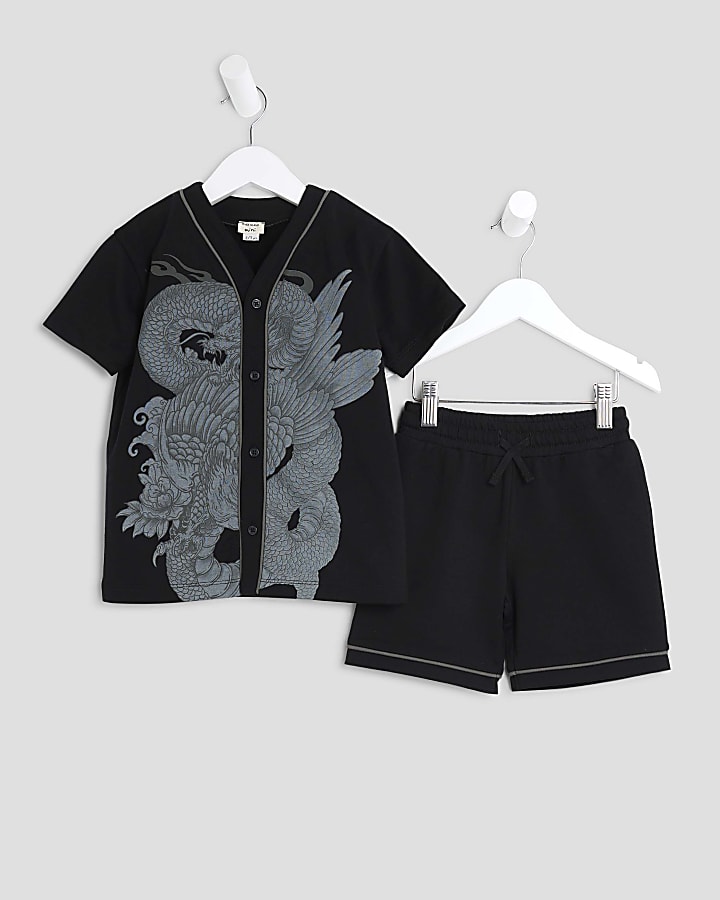 Mini Boys Black Dragon Baseball T-Shirt Set