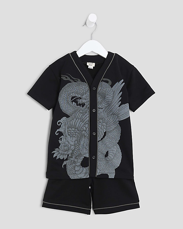 Mini Boys Black Dragon Baseball T-Shirt Set