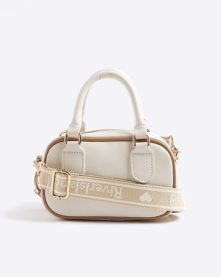 Girls Cream Monogram Charm Barrel Bag