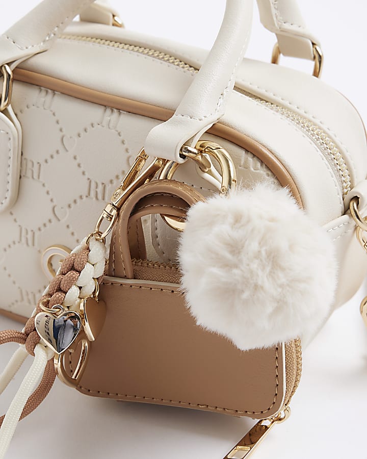 Girls Cream Monogram Charm Barrel Bag
