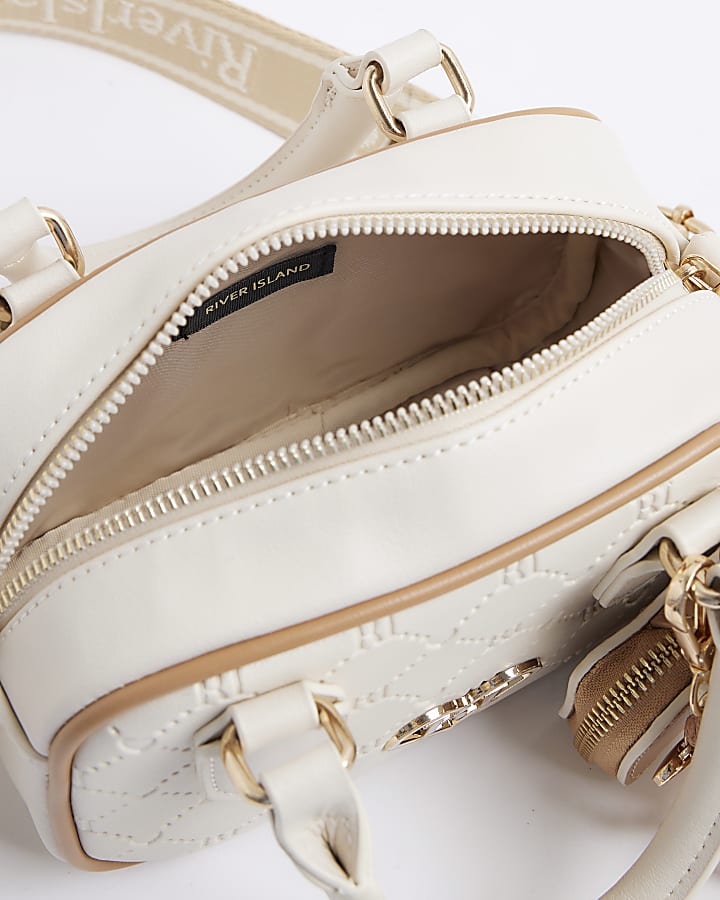 Girls Cream Monogram Charm Barrel Bag