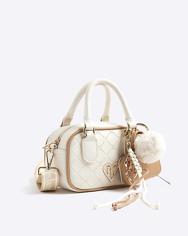 Girls Cream Monogram Charm Barrel Bag