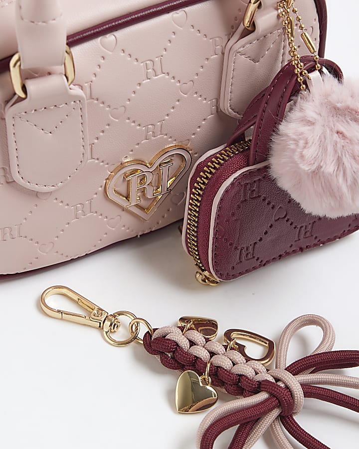 Girls Pink Monogram Charm Barrel Bag