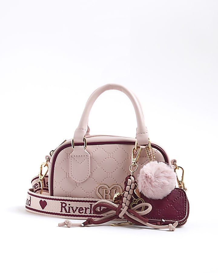 Girls Pink Monogram Charm Barrel Bag