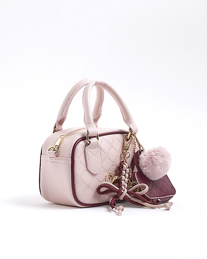 Girls Pink Monogram Charm Barrel Bag