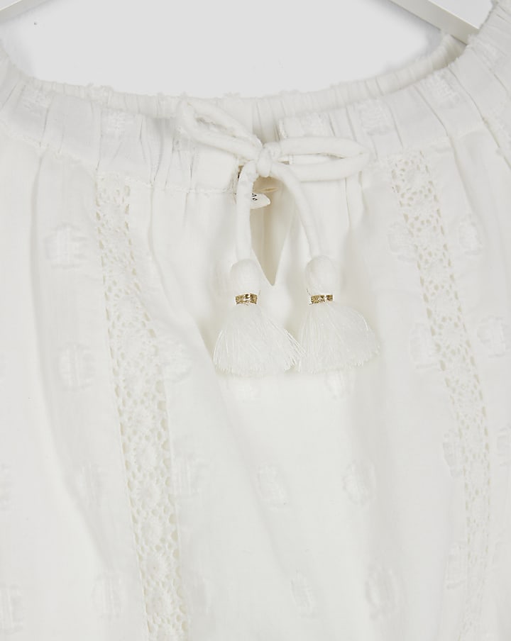 Mini Girls White Broidere Tassel Top Set