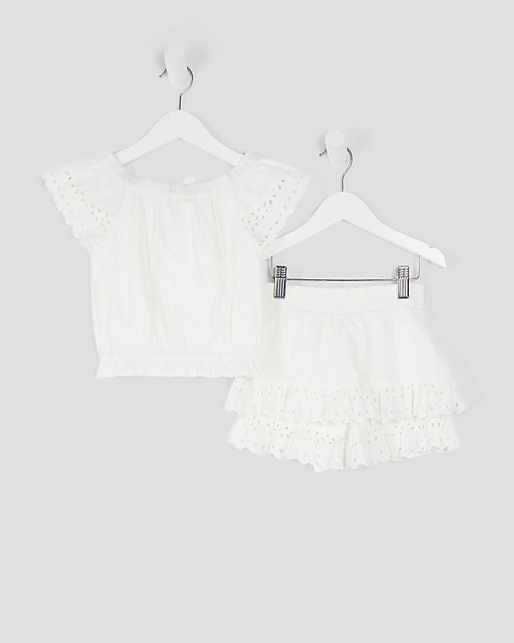 Mini Girls White Broidere Tassel Top Set