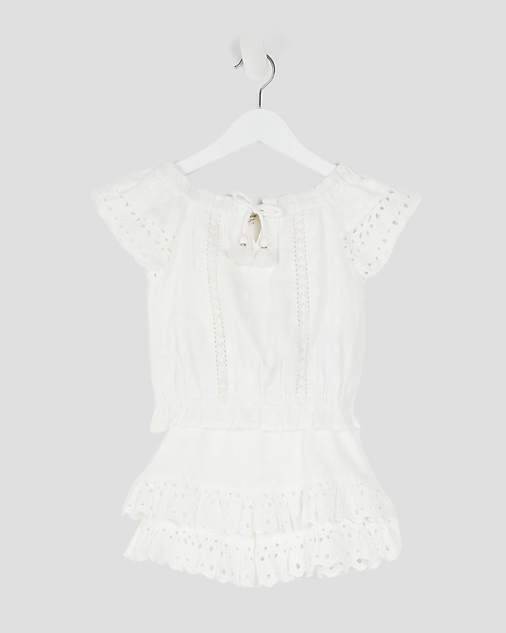 Mini Girls White Broidere Tassel Top Set
