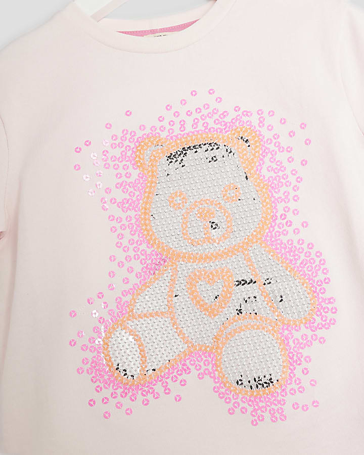Mini Girls Pink Sequin Bear T-Shirt Set
