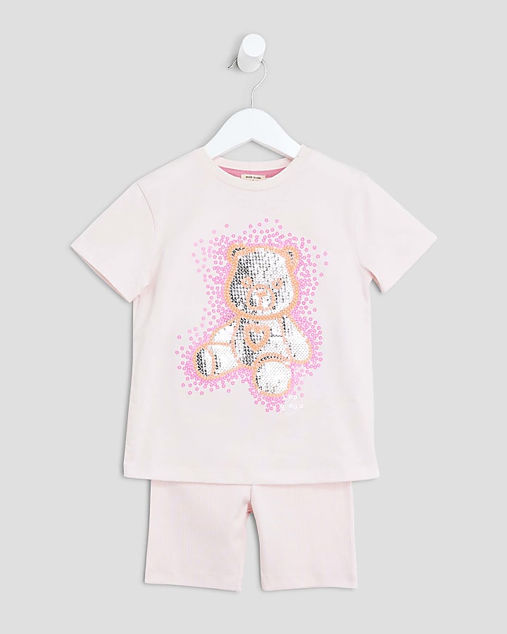Mini Girls Pink Sequin Bear T-Shirt Set