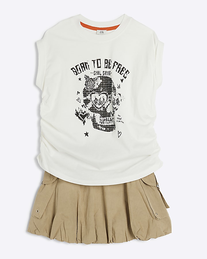 Girls White Skull T-Shirt And Skirt Set