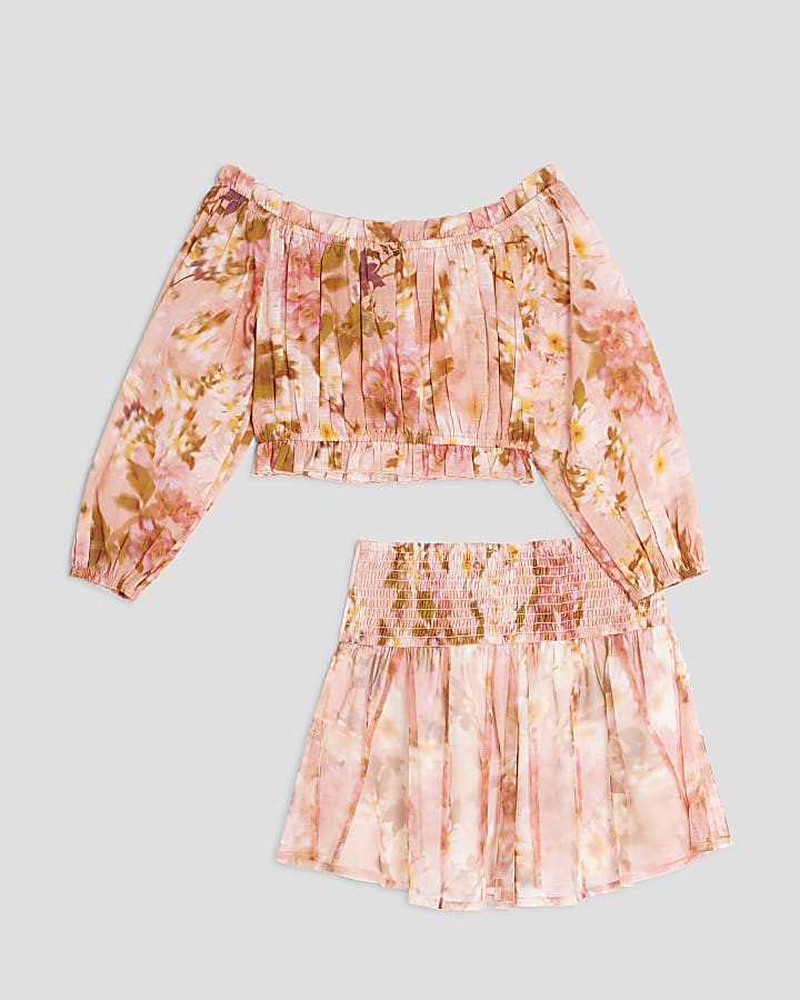 Girls Orange Floral Dropped Waist Skirt Set