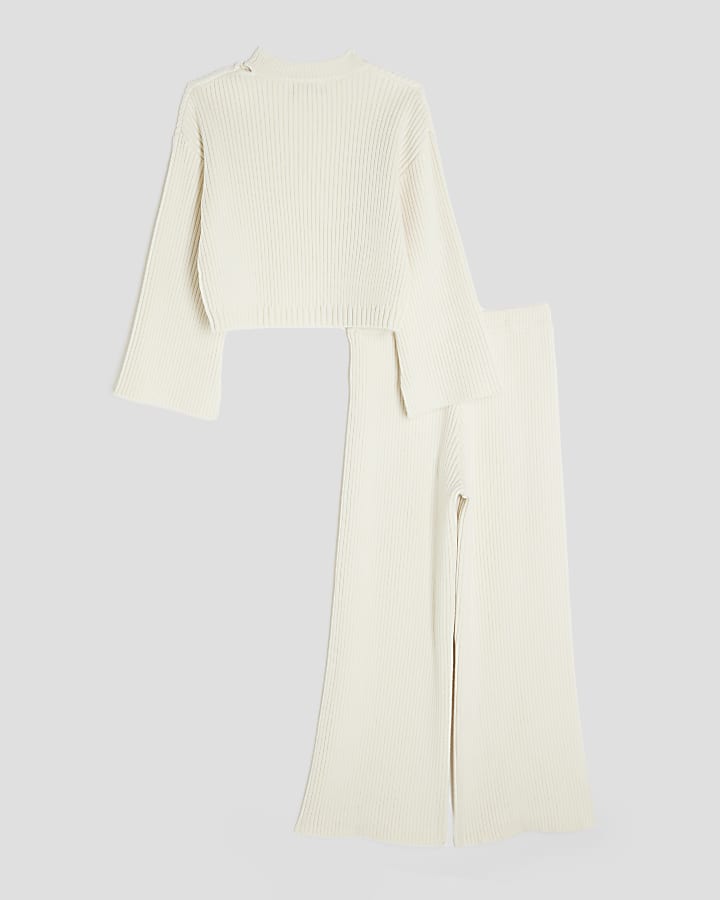 Girls Cream Rib Cut Out Shoulder Jumper Set