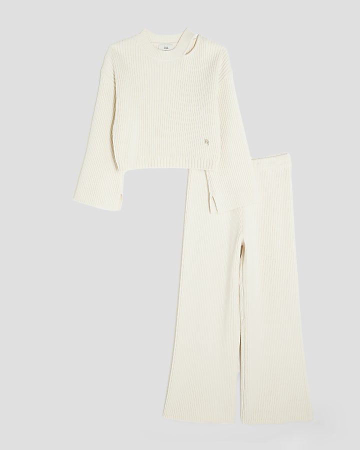 Girls Cream Rib Cut Out Shoulder Jumper Set