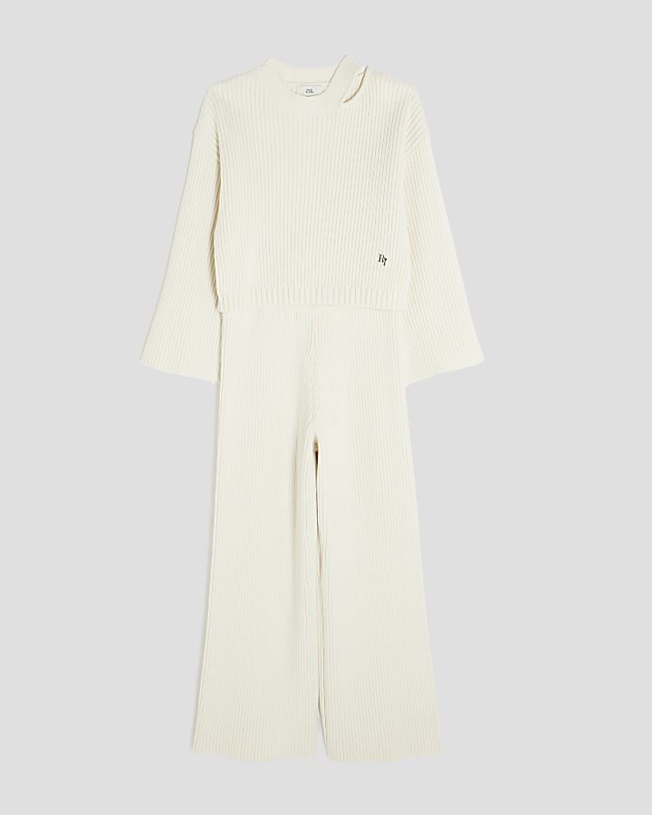 Girls Cream Rib Cut Out Shoulder Jumper Set