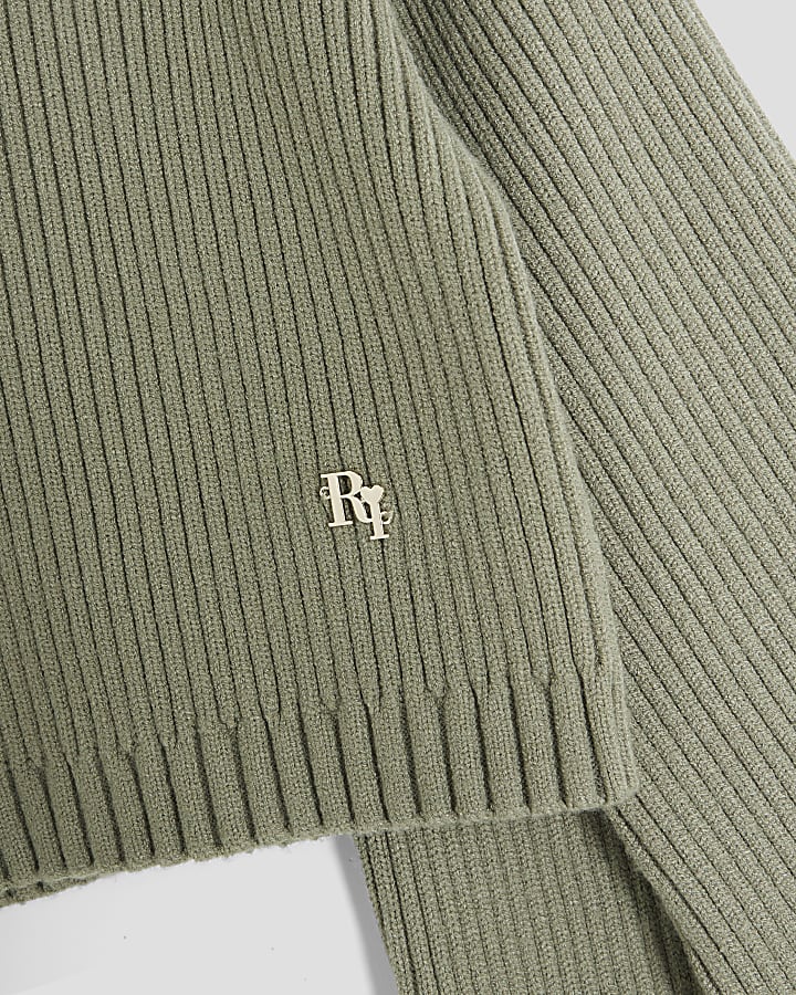 Girls Khaki Rib Cut Out Shoulder Jumper Set