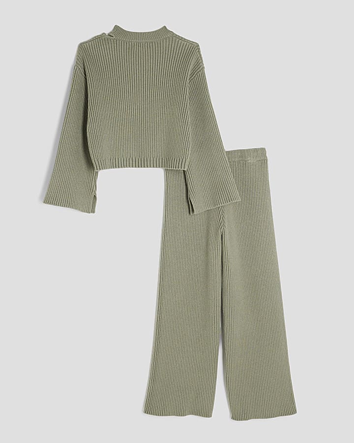 Girls Khaki Rib Cut Out Shoulder Jumper Set