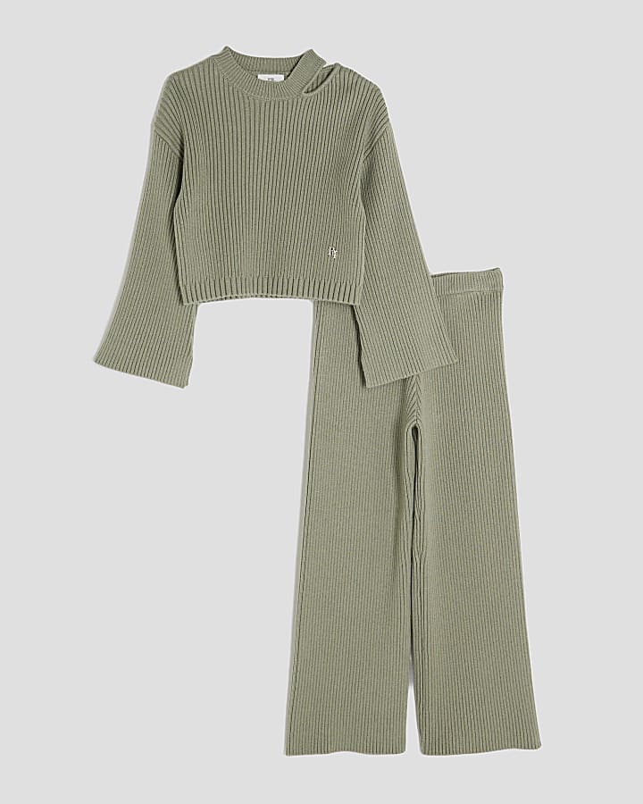 Girls Khaki Rib Cut Out Shoulder Jumper Set