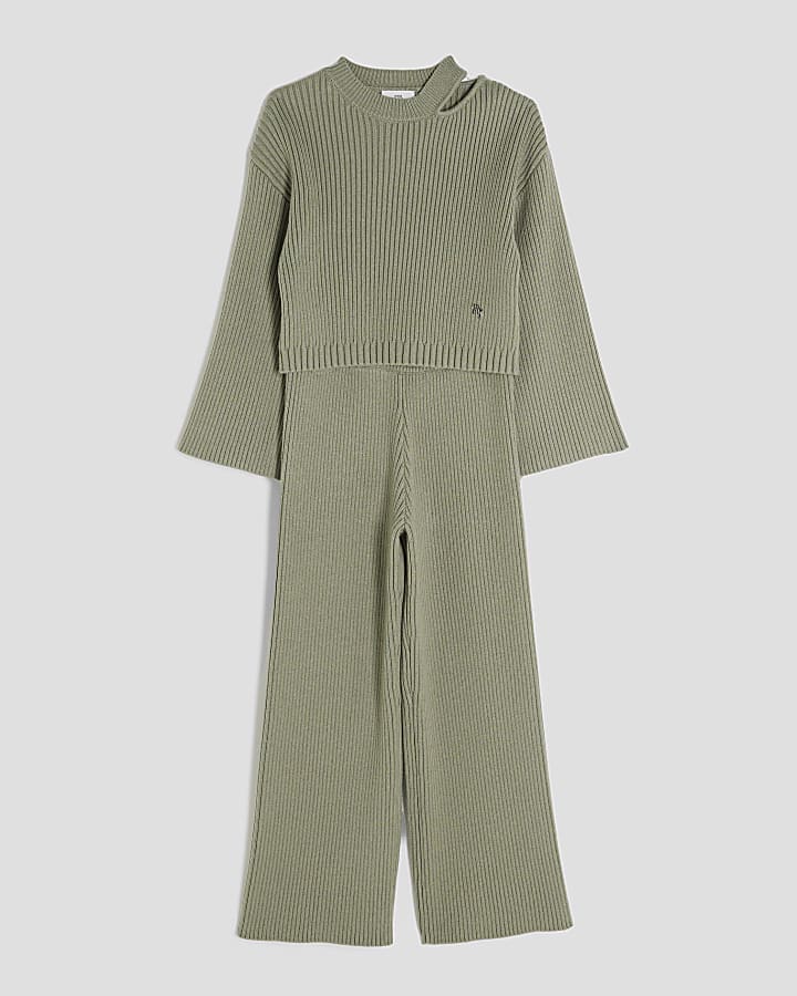 Girls Khaki Rib Cut Out Shoulder Jumper Set