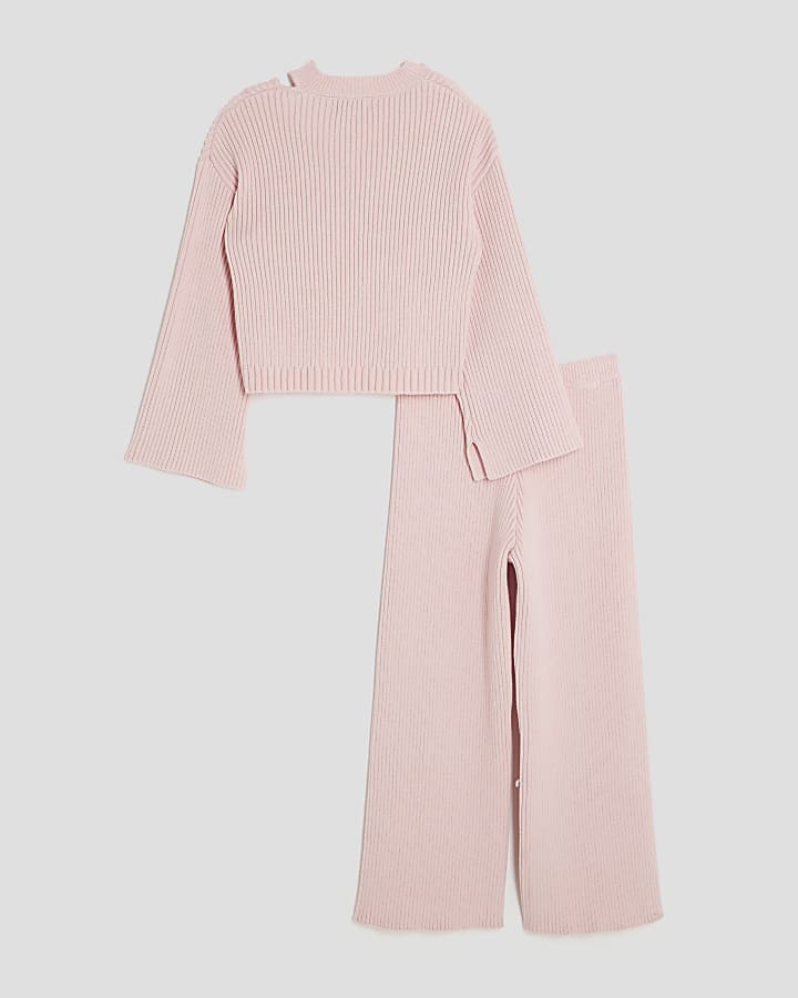 Girls Pink Ribbed Cut Out Shoulder Jumper Set