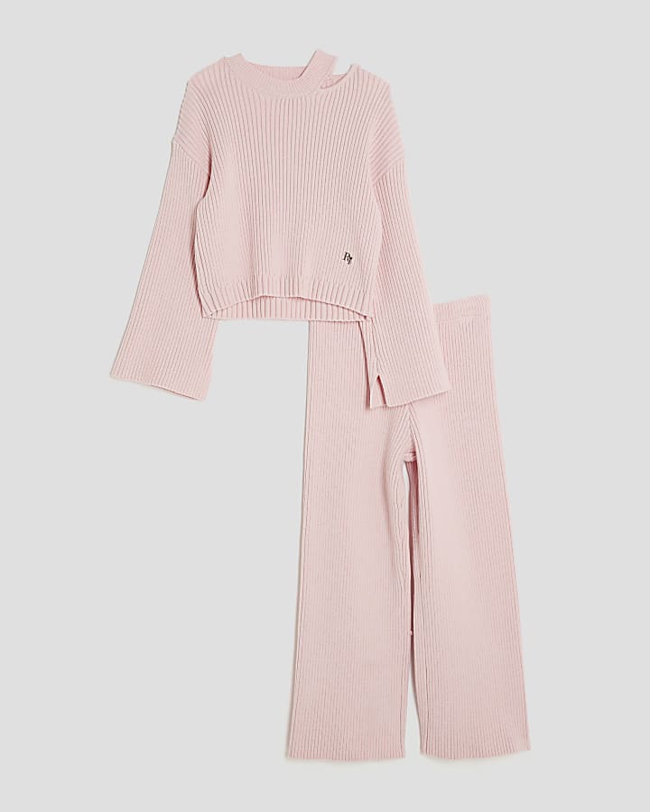 Girls Pink Ribbed Cut Out Shoulder Jumper Set