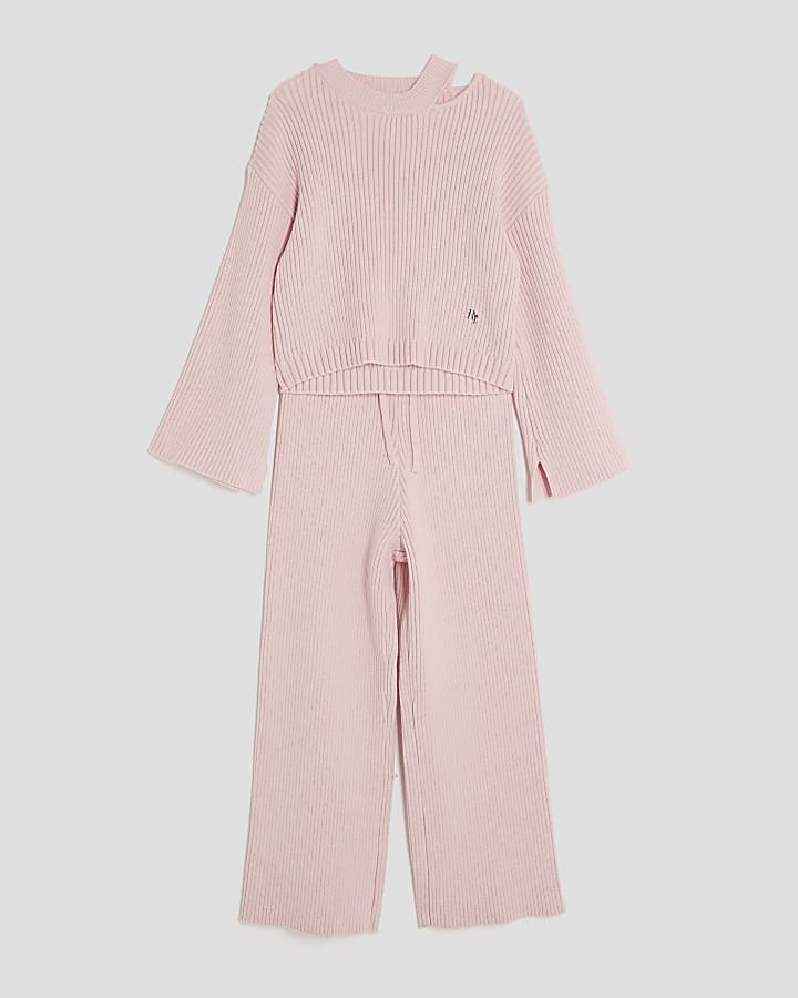 Girls Pink Ribbed Cut Out Shoulder Jumper Set