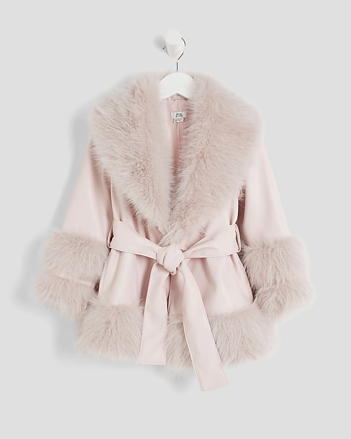 Mini Girls Pink Faux Fur Wrap Coat