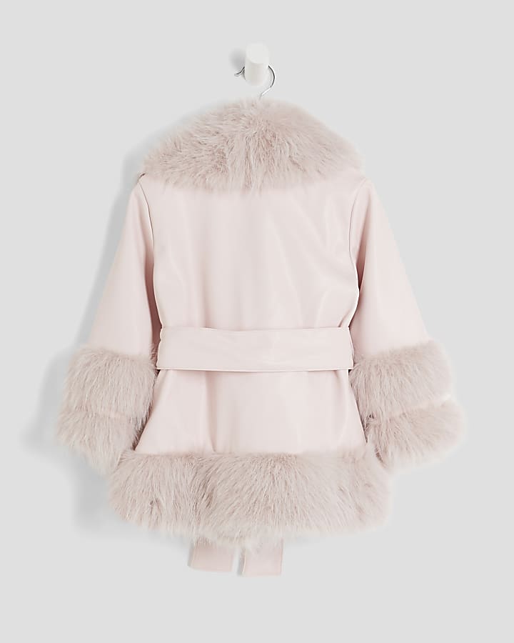 Mini Girls Pink Faux Fur Wrap Coat