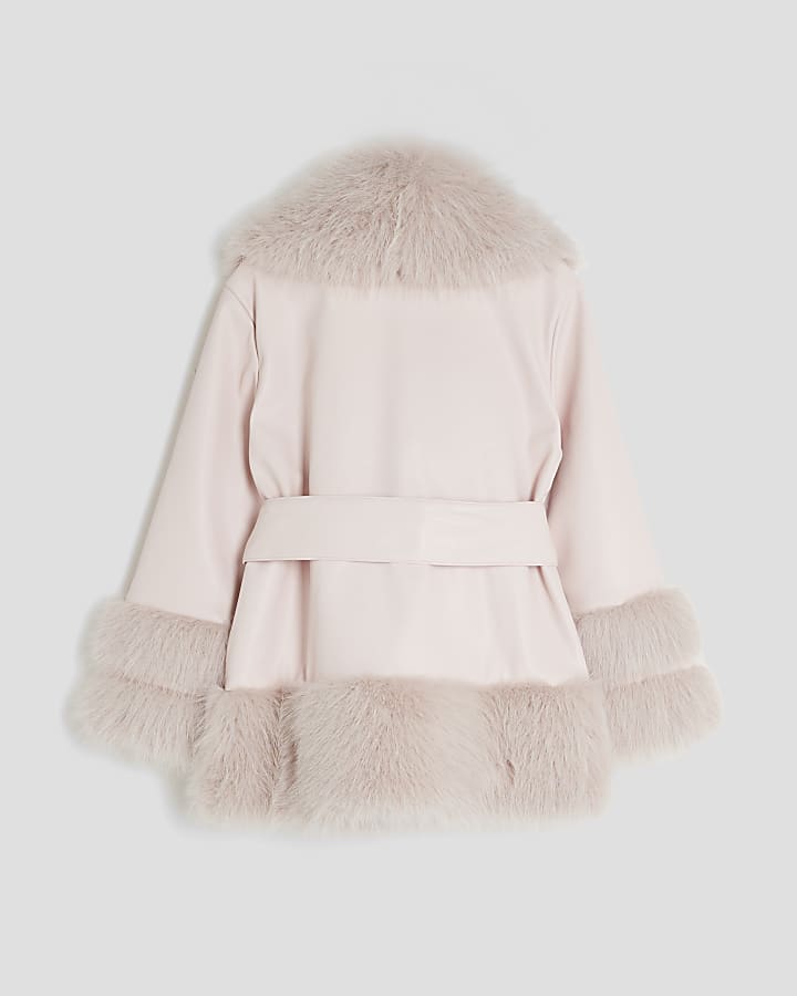Girls Pink Faux Fur Wrap Coat