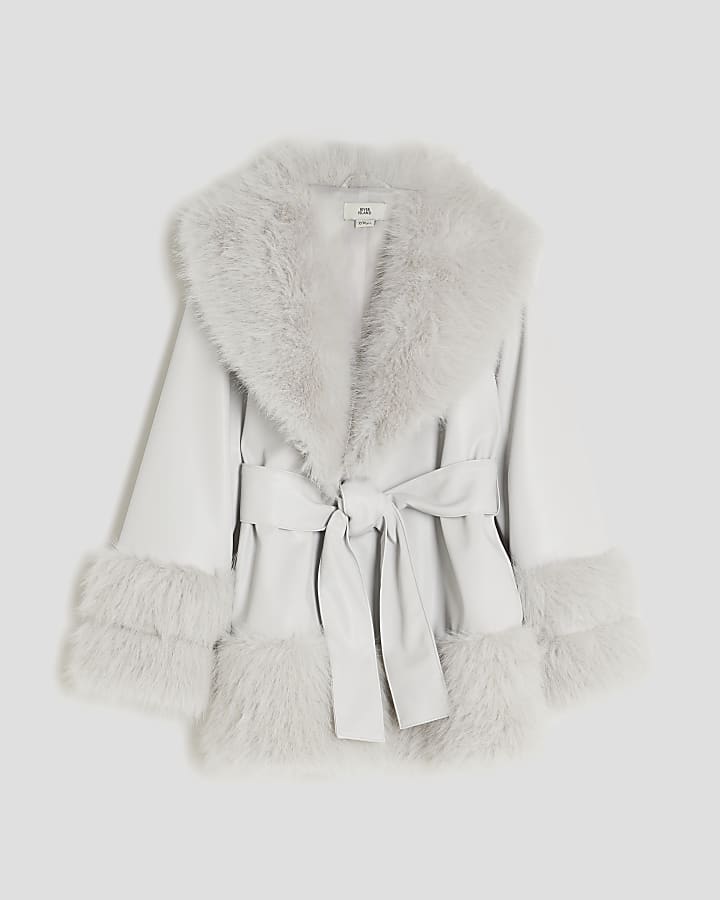 Girls Grey Faux Fur Wrap Coat