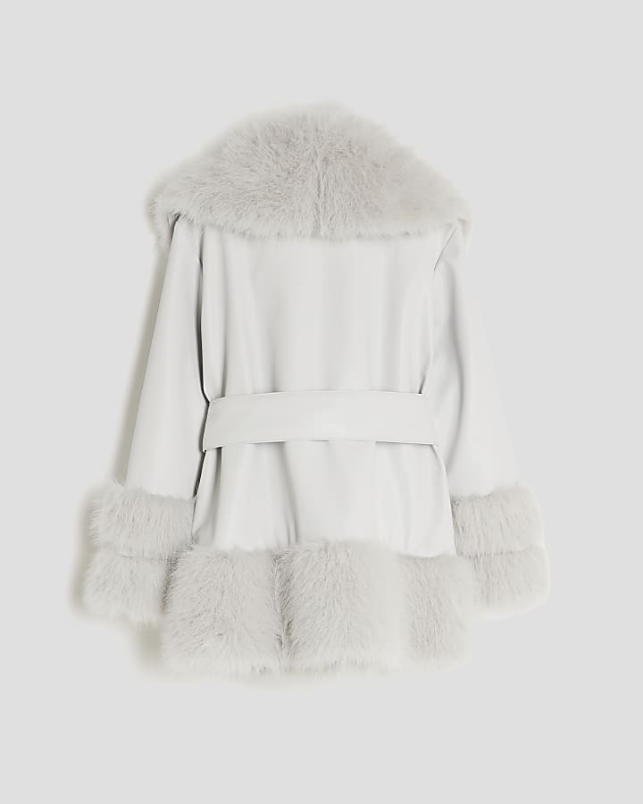 Girls Grey Faux Fur Wrap Coat