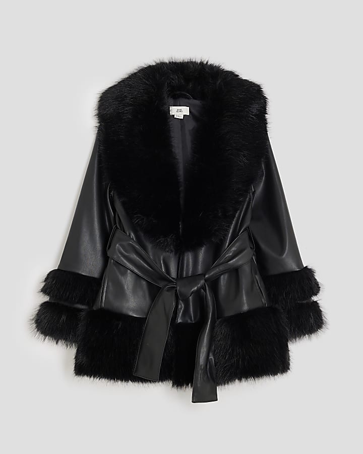 Girls Black Faux Fur Wrap Coats