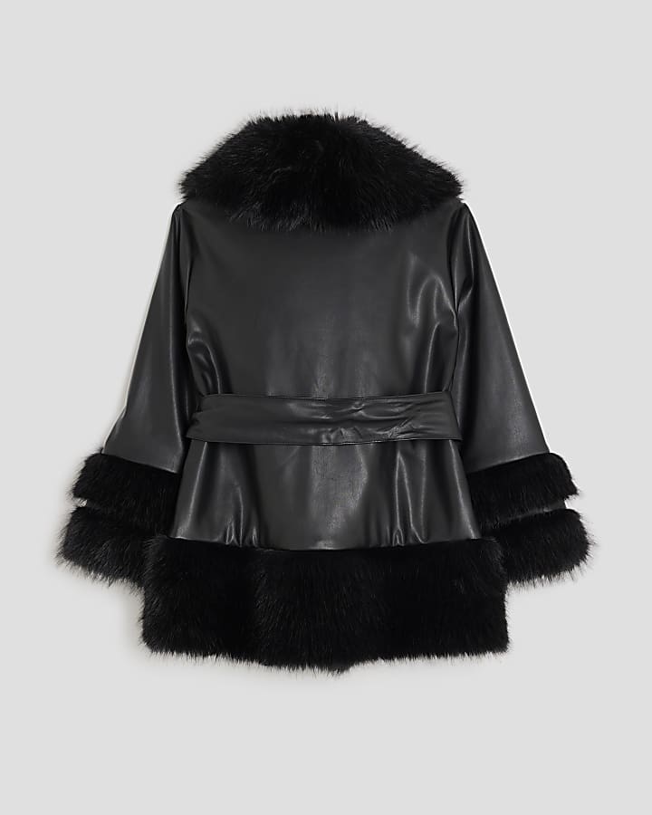 Girls Black Faux Fur Wrap Coats