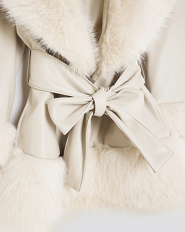 Girls Cream Faux Fur Wrap Coat