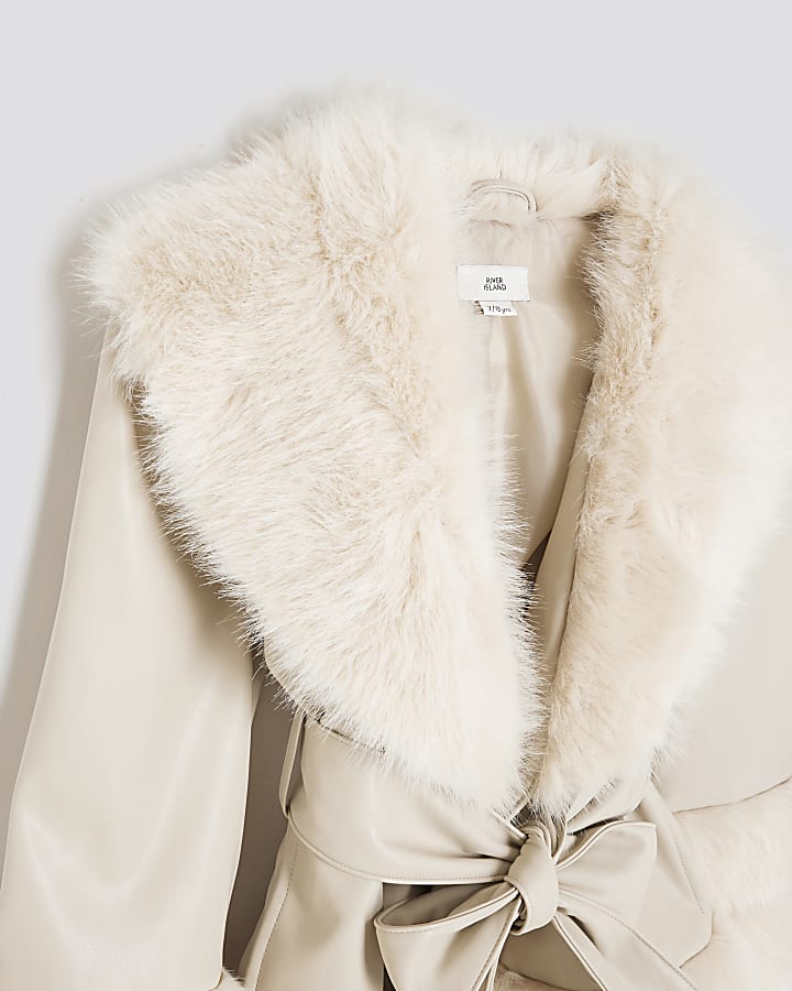 Girls Cream Faux Fur Wrap Coat