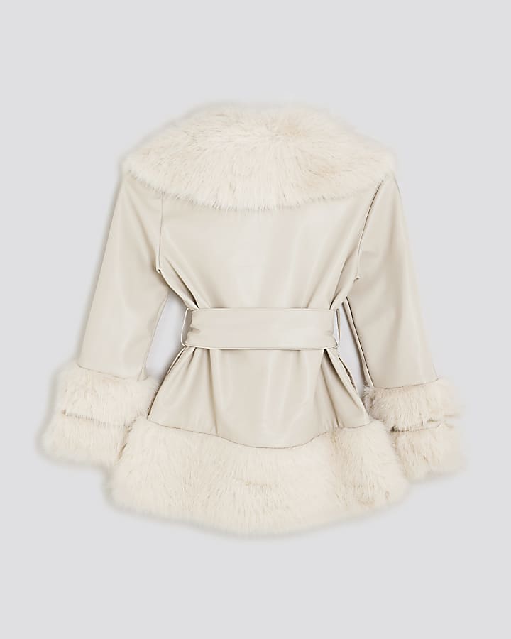 Girls Cream Faux Fur Wrap Coat
