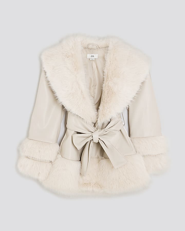 Girls Cream Faux Fur Wrap Coat