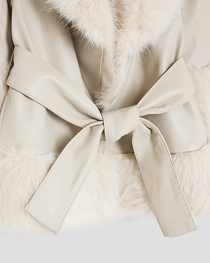 Mini Girls Cream Faux Fur Wrap Coat