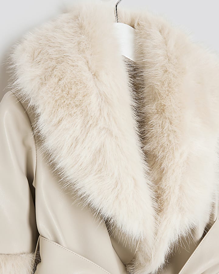 Mini Girls Cream Faux Fur Wrap Coat